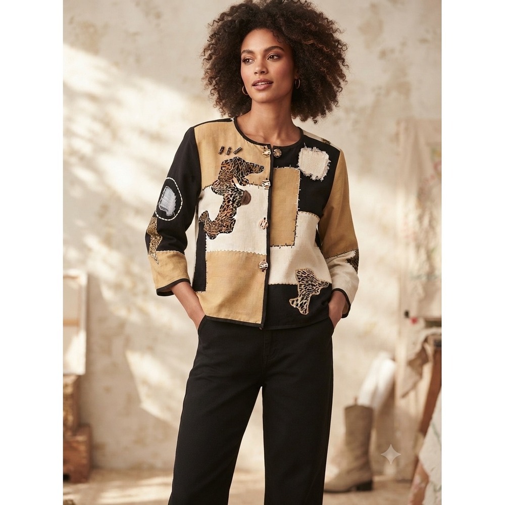 Daniel K vtg Womens Patchwork Animal L Jacket Cotton Flax Mixed Media Tan